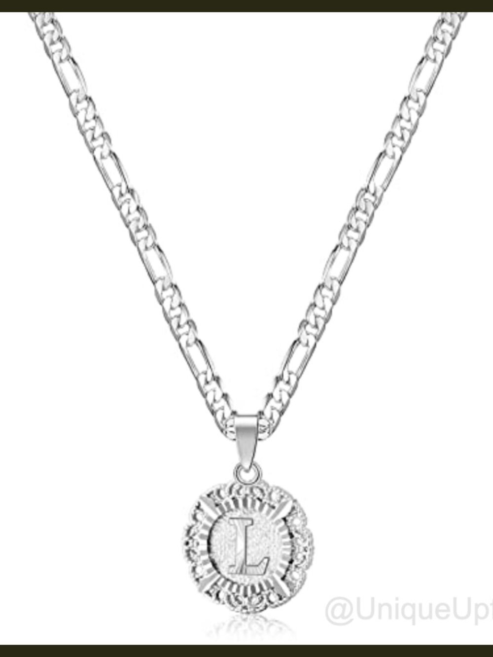 Initial L Pendant Necklace Stainless Steel Figaro Chain 20in
